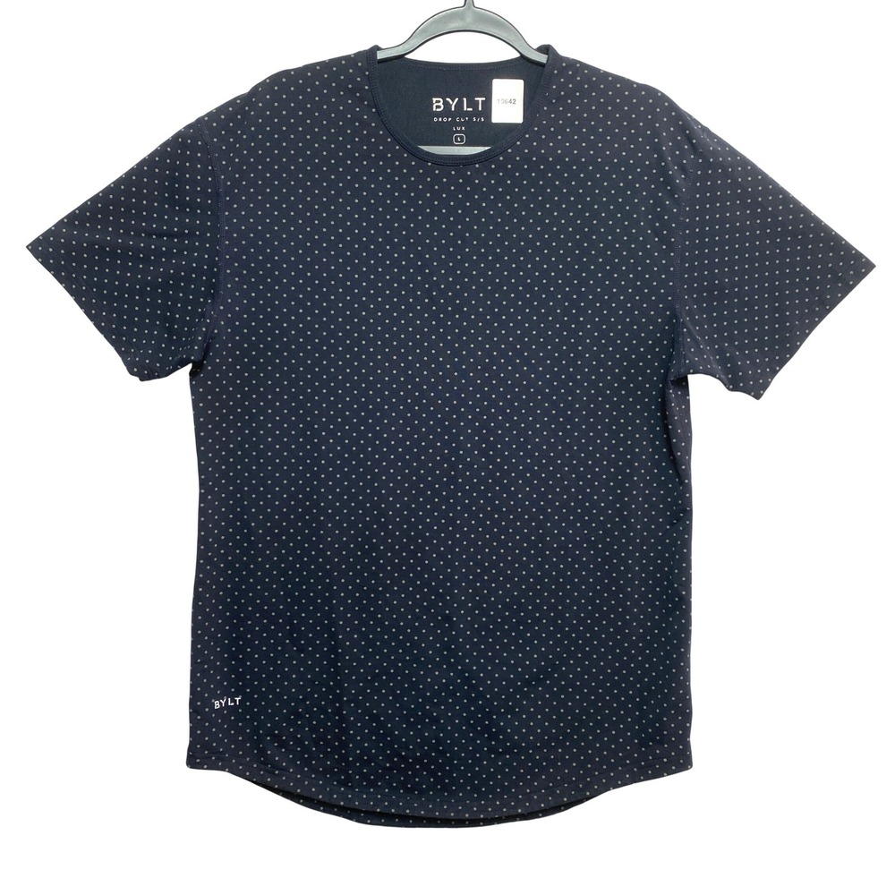 BYLT Basics T-Shirt Mens Large Navy Drop Cut SS Lux  Polka Dot Curved Hem
